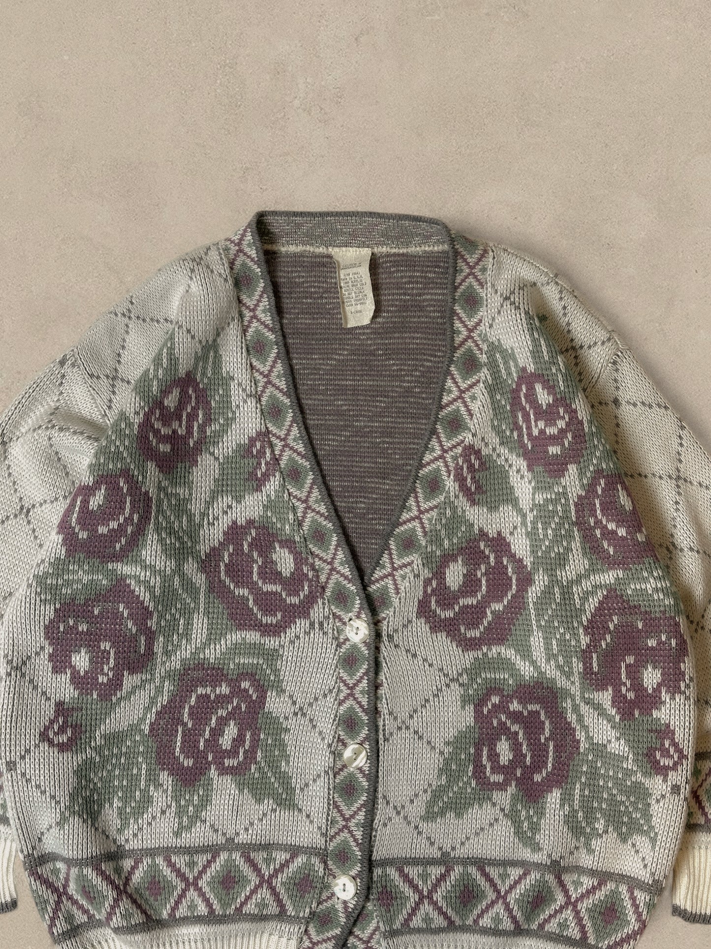 1990S - CREAM/PURPLE FLORAL CARDIGAN SWEATER - XL