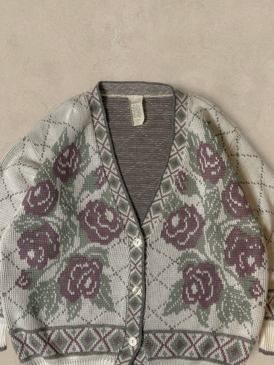 1990S - CREAM/PURPLE FLORAL CARDIGAN SWEATER - XL