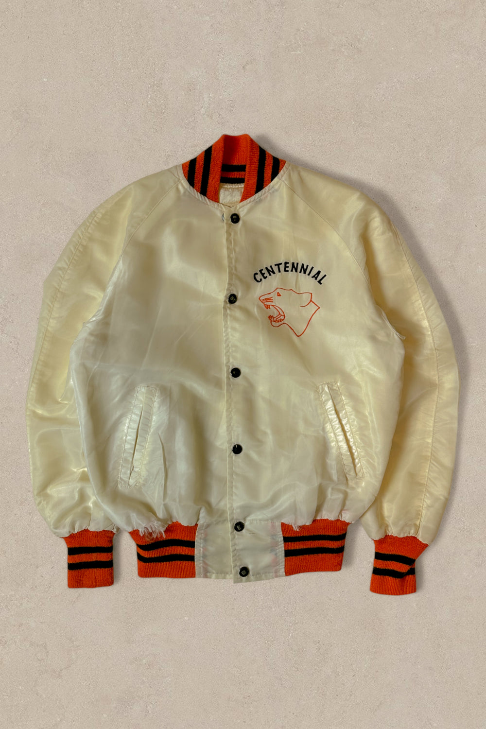 1990 - CREAM/ORANGE SATIN BOMBER JACKET - M