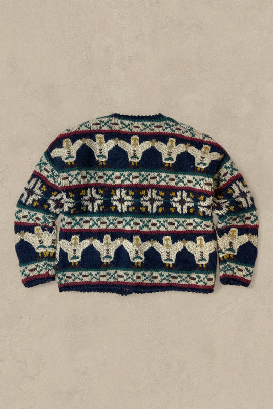 1990S - NAVY/GREEN DUCK WOOL CARDIGAN - XS (W)