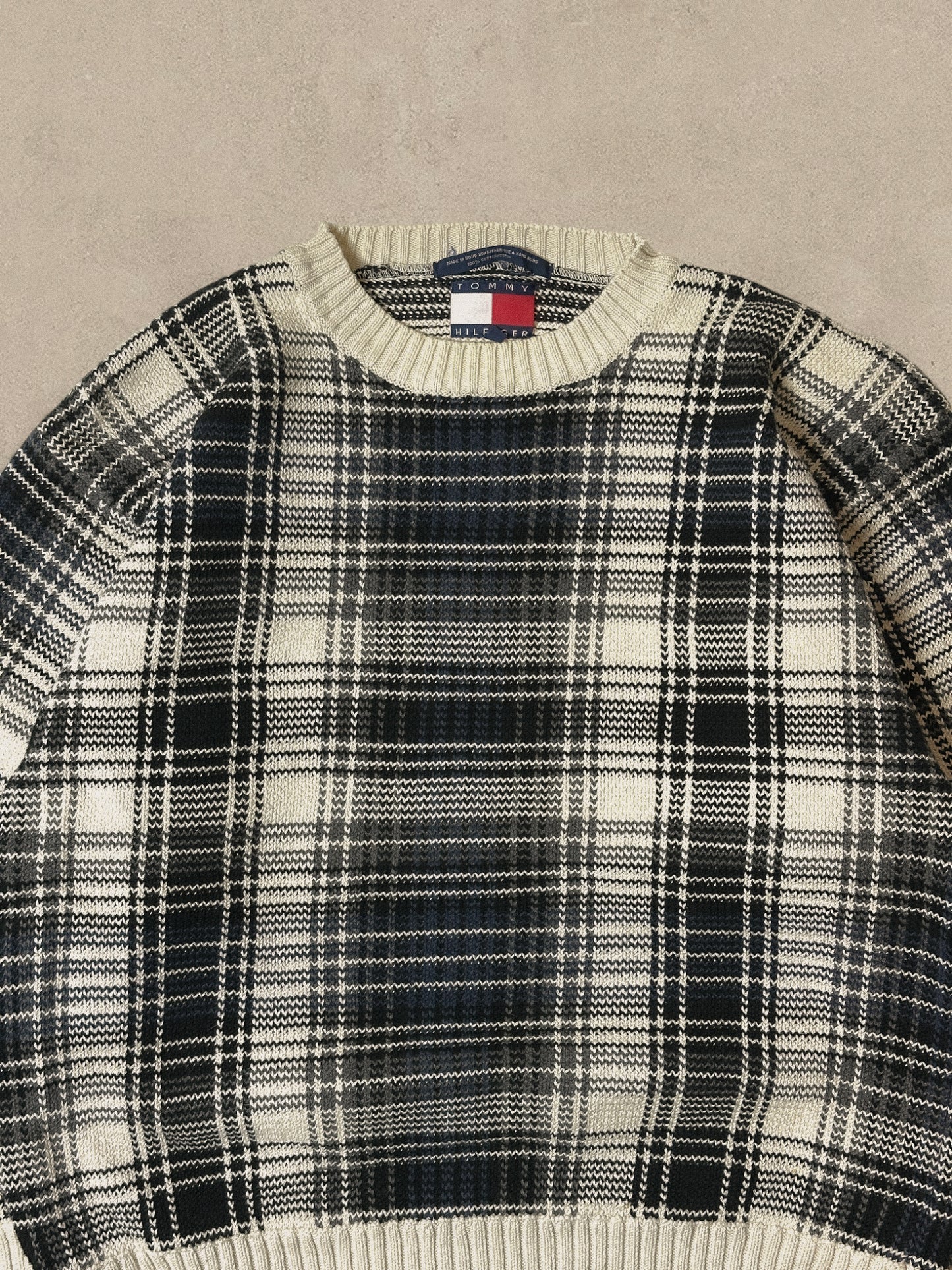 1990S - WHITE/BLUE TOOMY HILFIGER SWEATER - XL