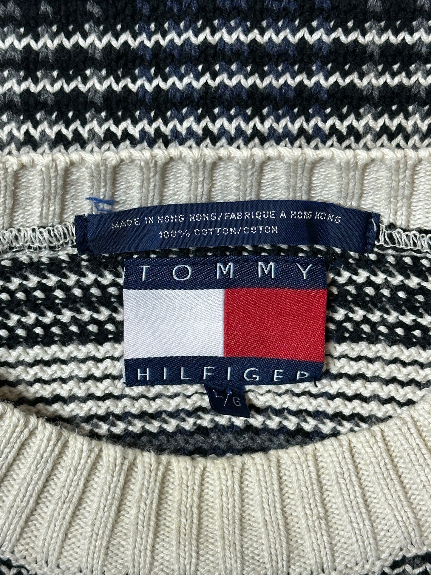 1990S - WHITE/BLUE TOOMY HILFIGER SWEATER - XL