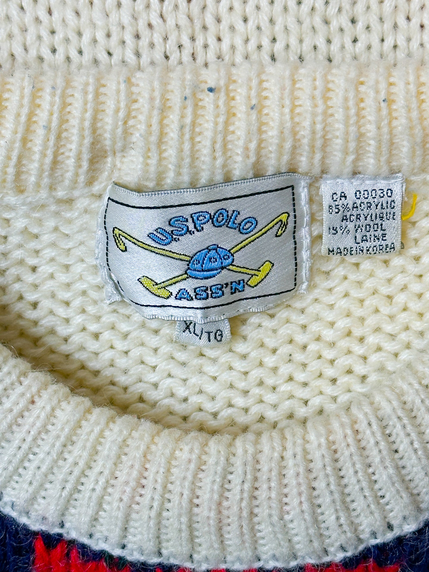 1990S - CREAM/NAVY US POLO ASSN WOOL SWEATER - XL