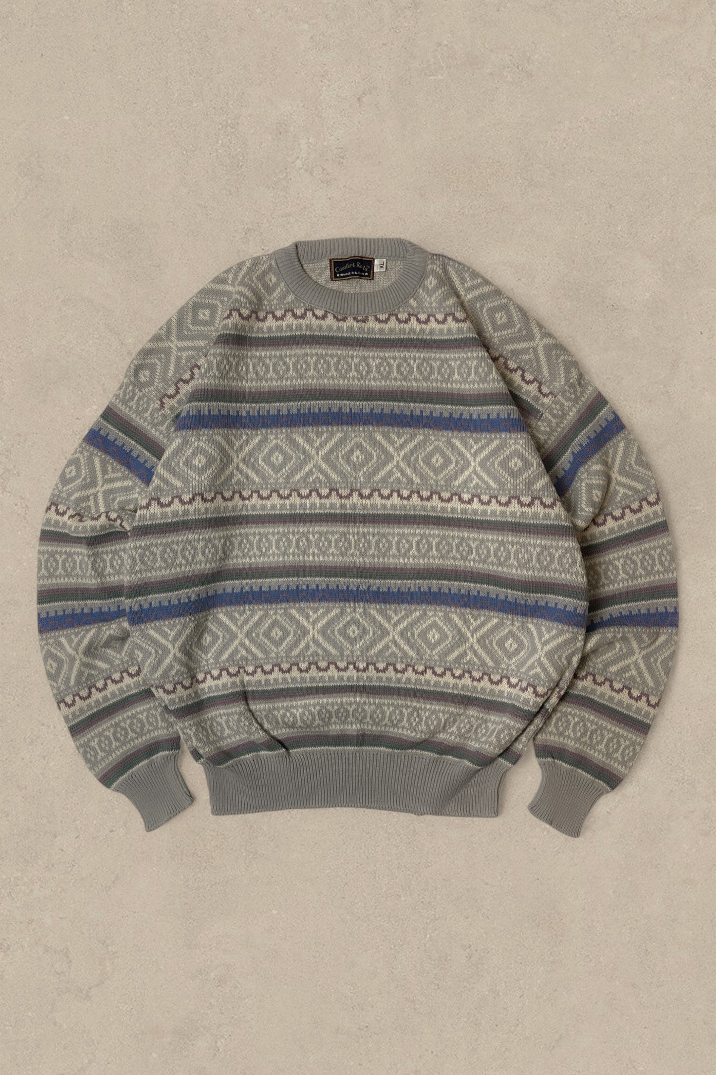 1990S - GREY/BLUE PATTERNED SWEATER - XL