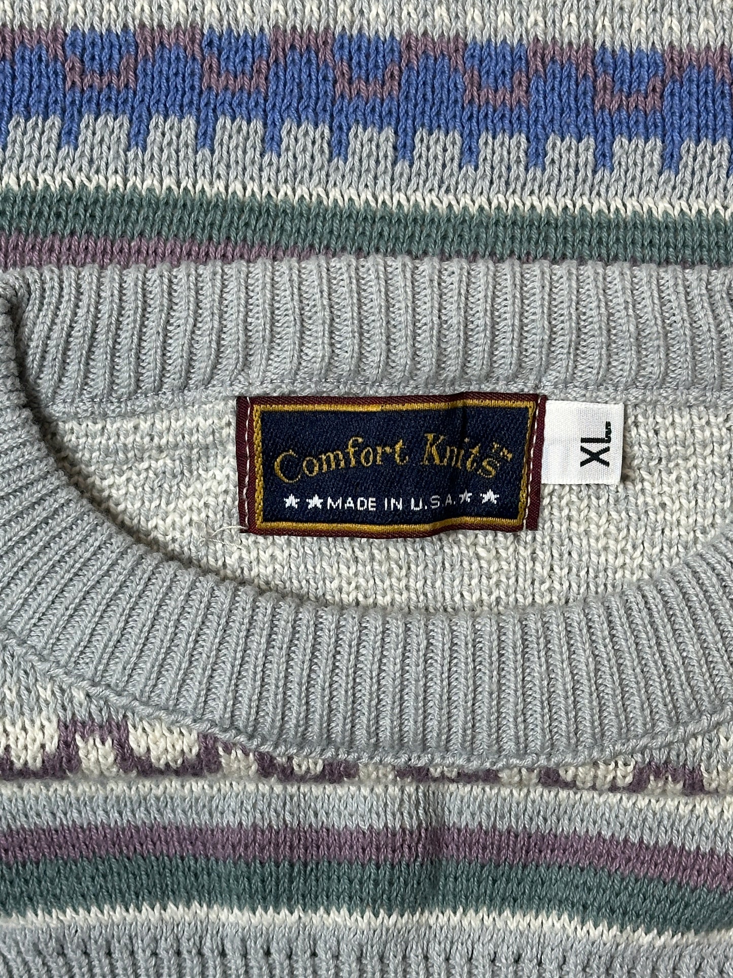 1990S - GREY/BLUE PATTERNED SWEATER - XL