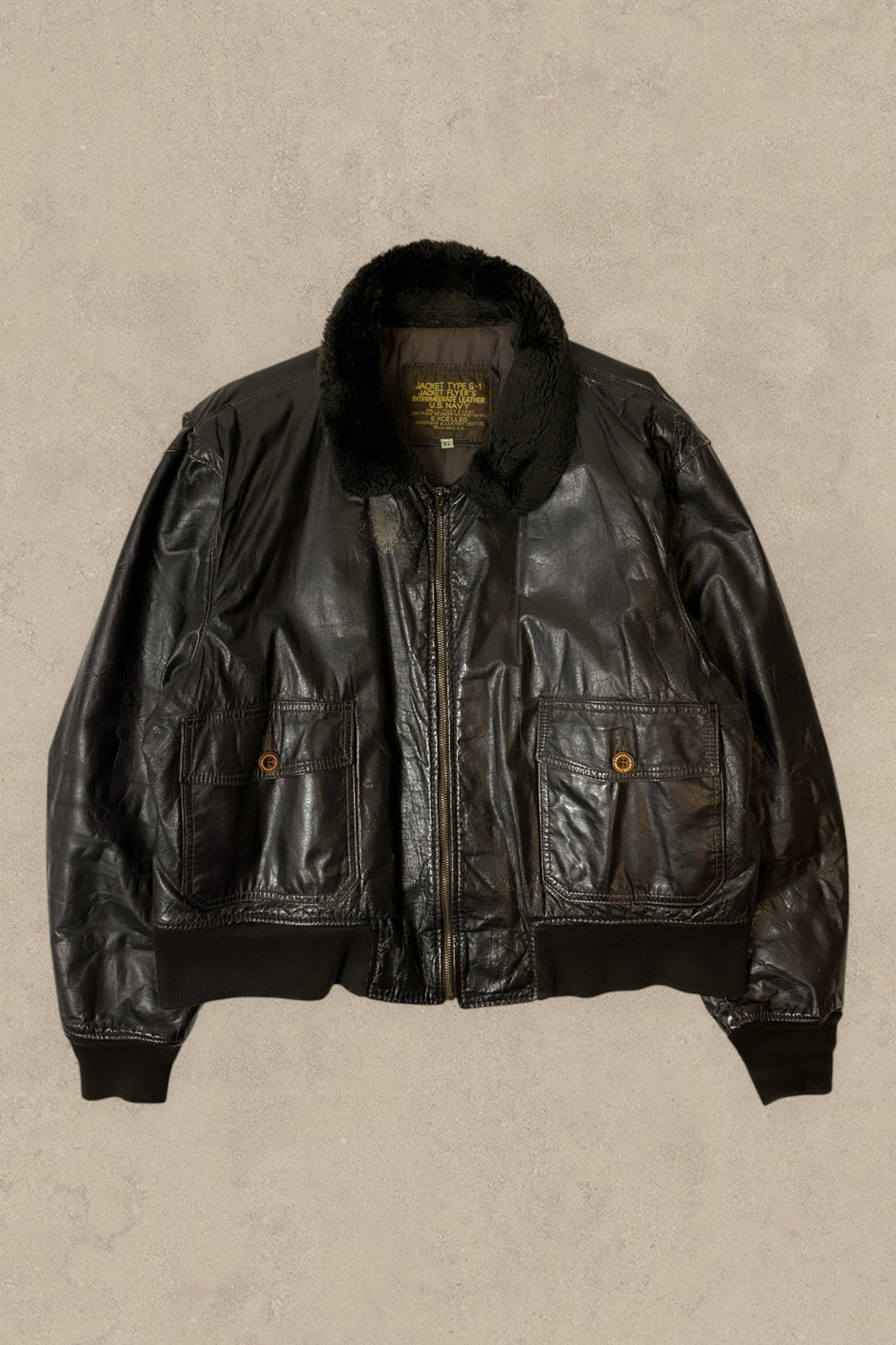 1990S - DISTRESSED BLACK FLIGHT BOMBER JACKET TYPE G-1 - XL