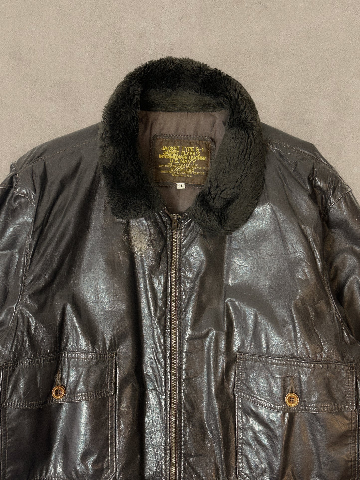 1990S - DISTRESSED BLACK FLIGHT BOMBER JACKET TYPE G-1 - XL