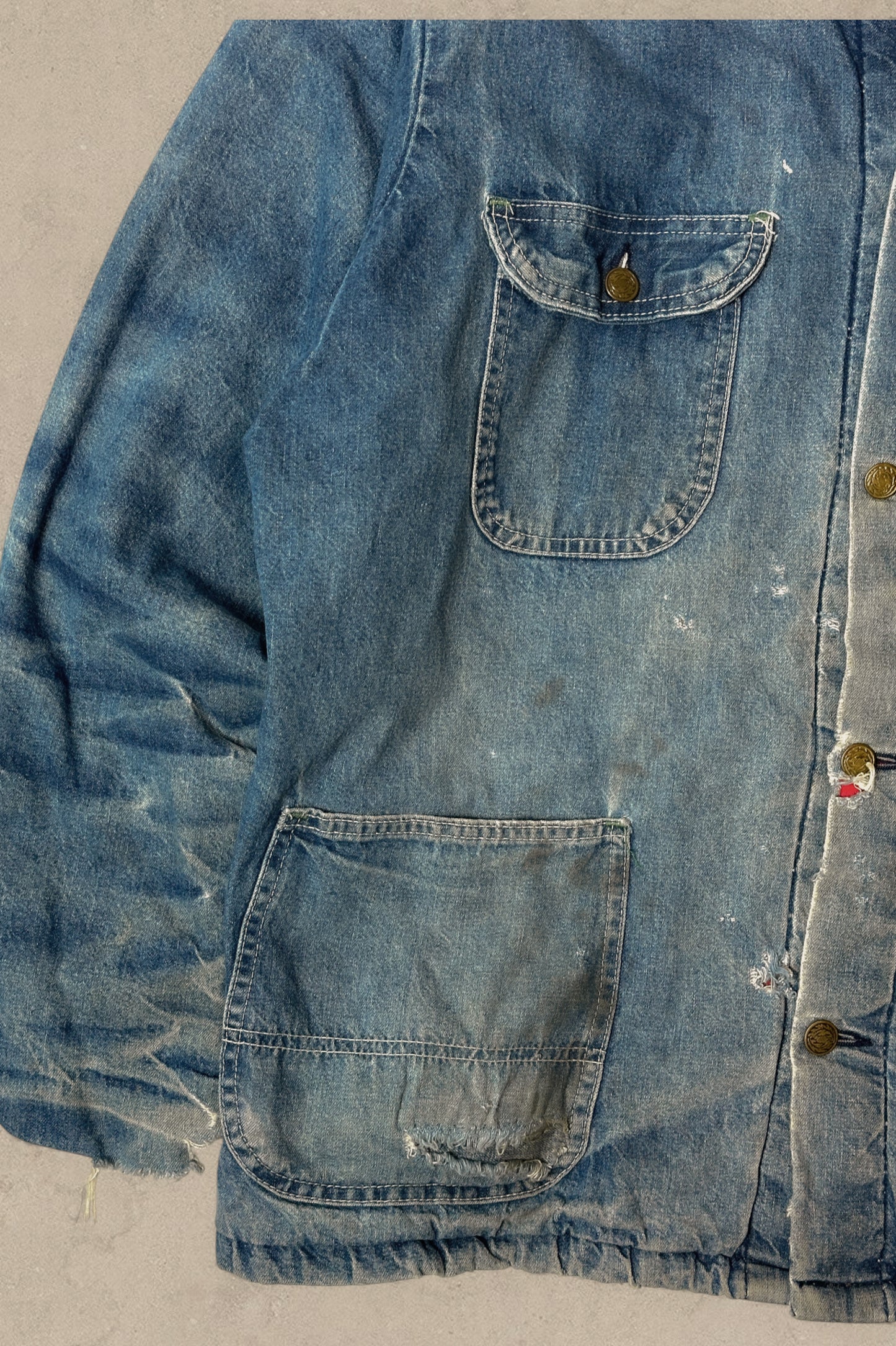 1990S - DISTRESSED KEY IMPERIAL DENIM BARN JACKET - L