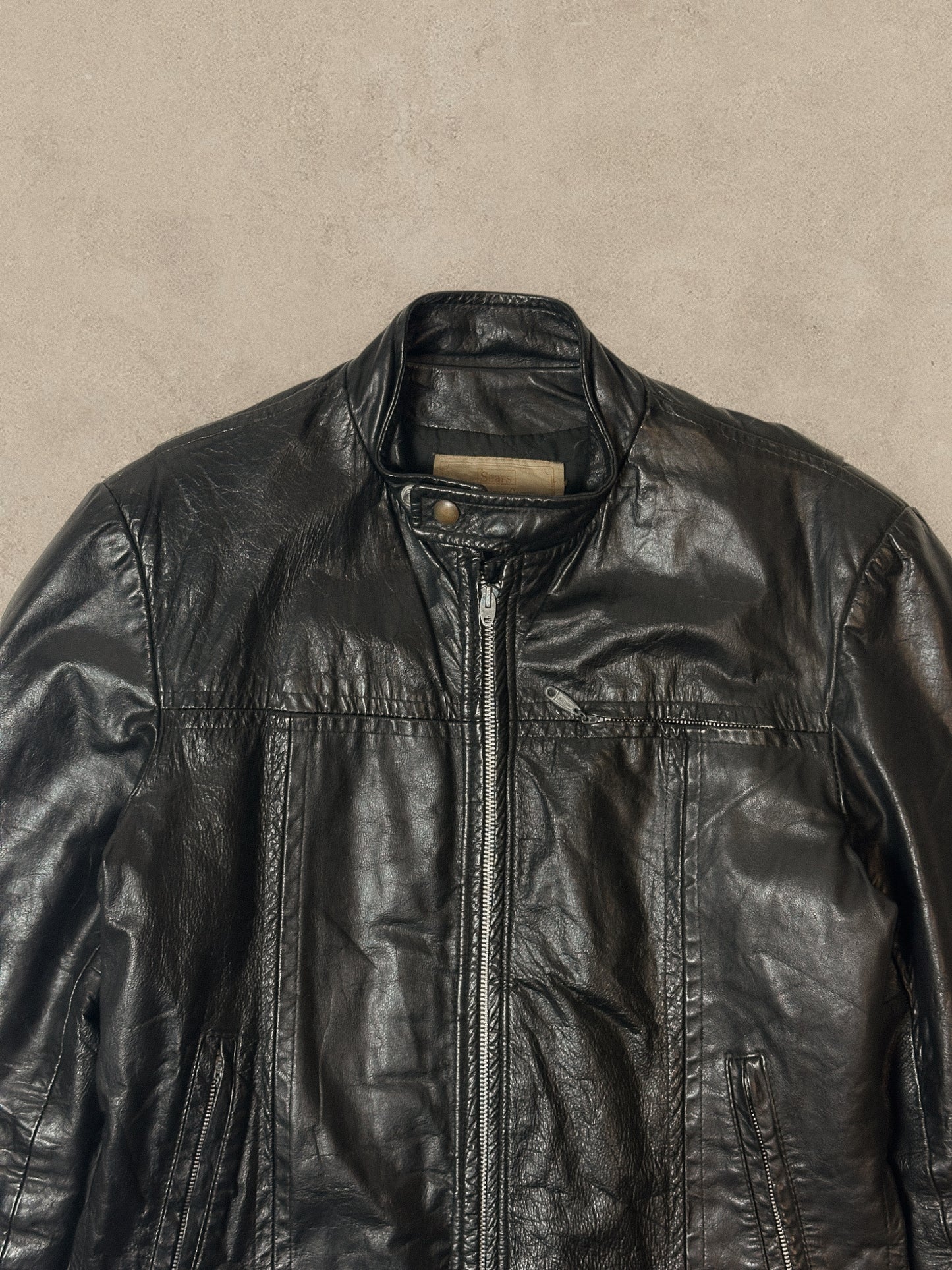 1980S - BLACK MOTO LEATHER JACKET - L