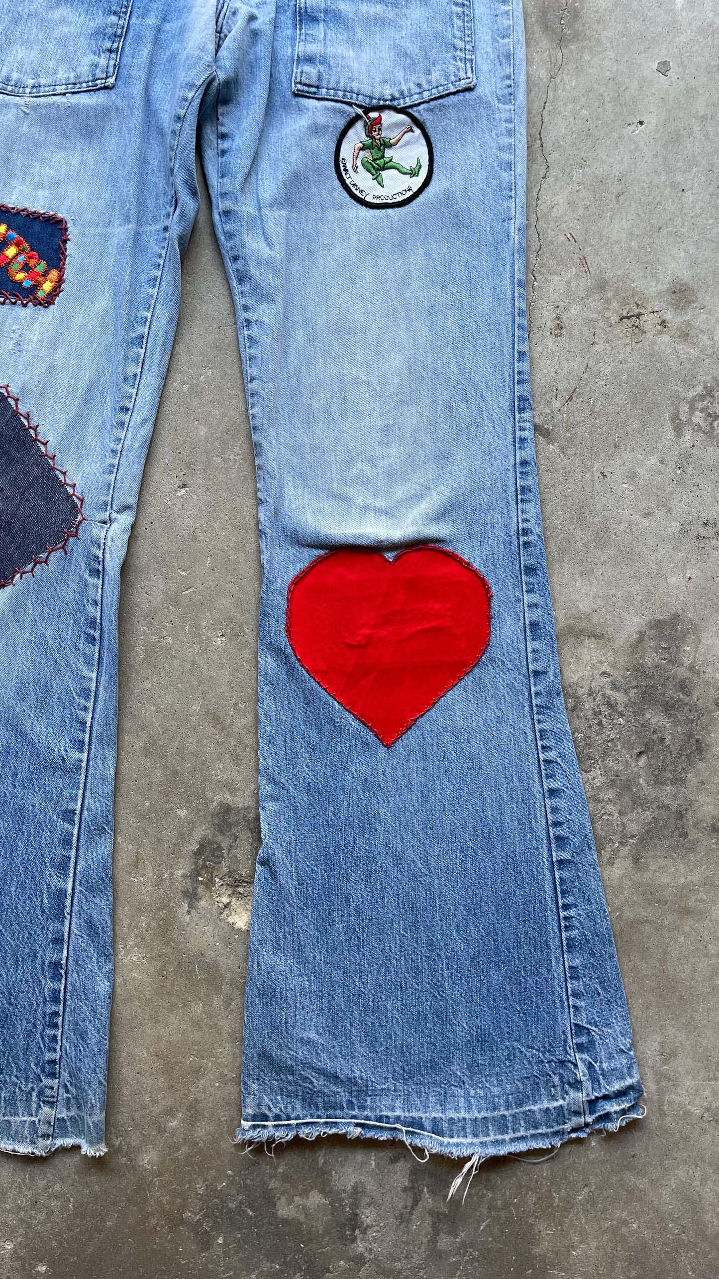 1970S TWO POCKET FLARE DENIM PATCHWORK JEANS - 27X32