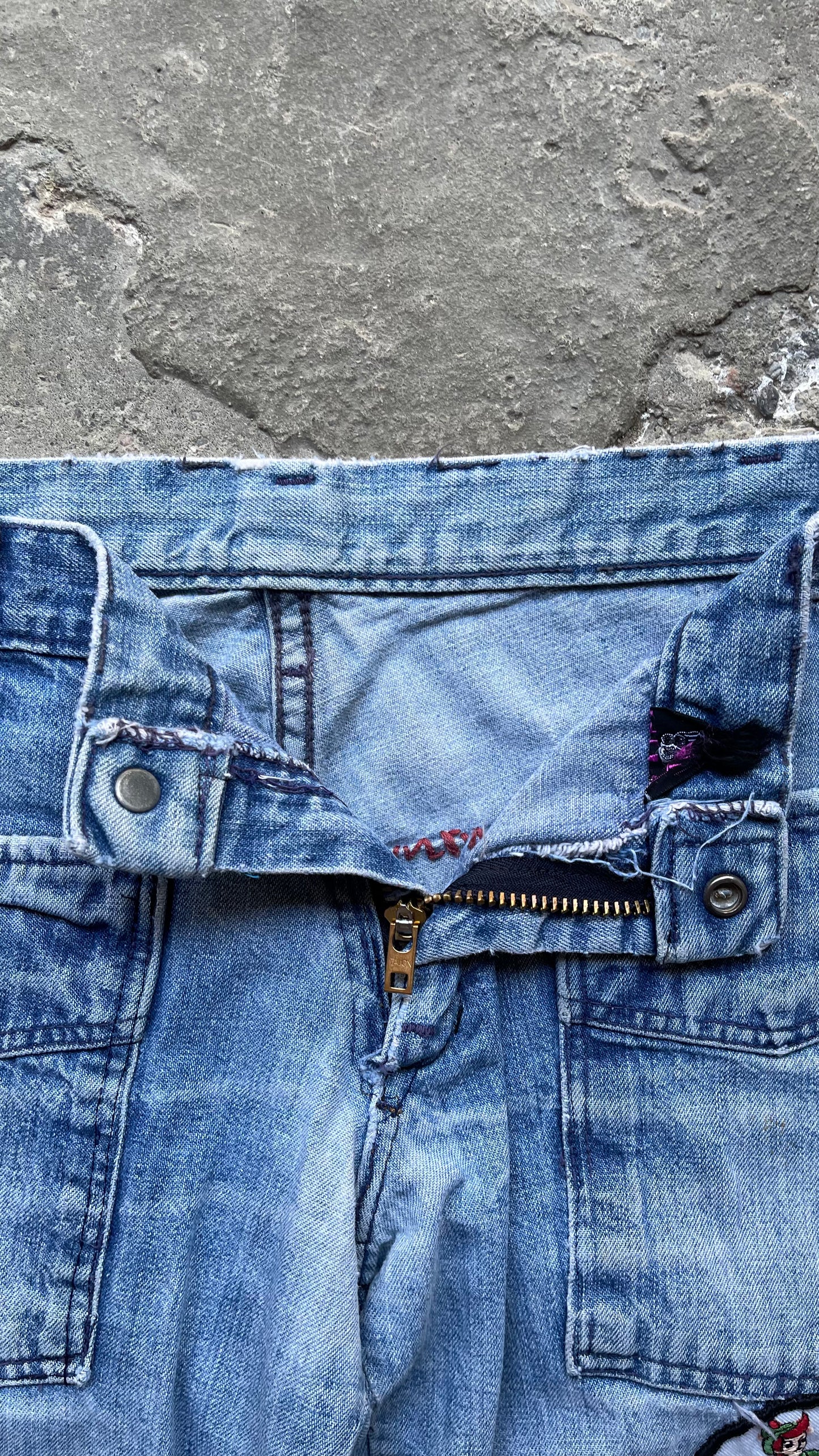 1970S TWO POCKET FLARE DENIM PATCHWORK JEANS - 27X32