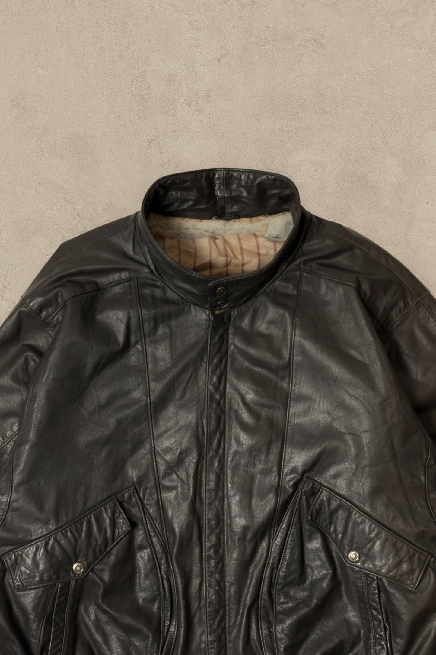 1990S - DISTRESSED BLACK LEATHER JACKET - XL