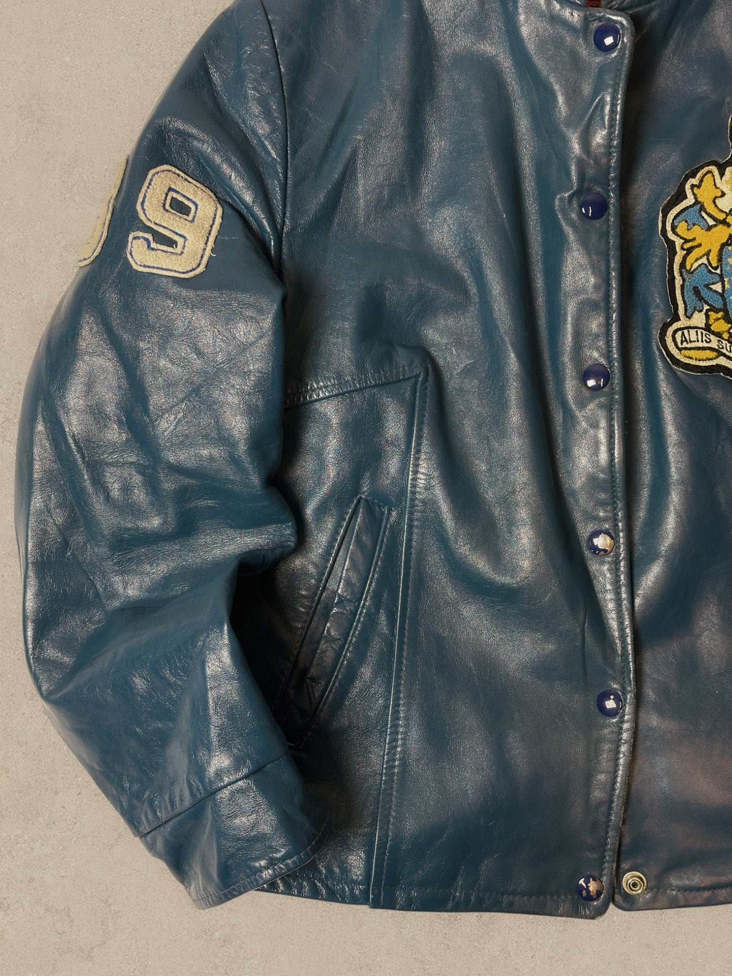 1980S - TEAL LEATHER VARSITY JACKET - S