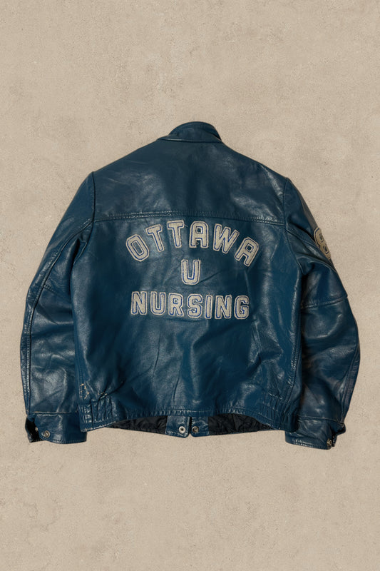 1980S - TEAL LEATHER VARSITY JACKET - S