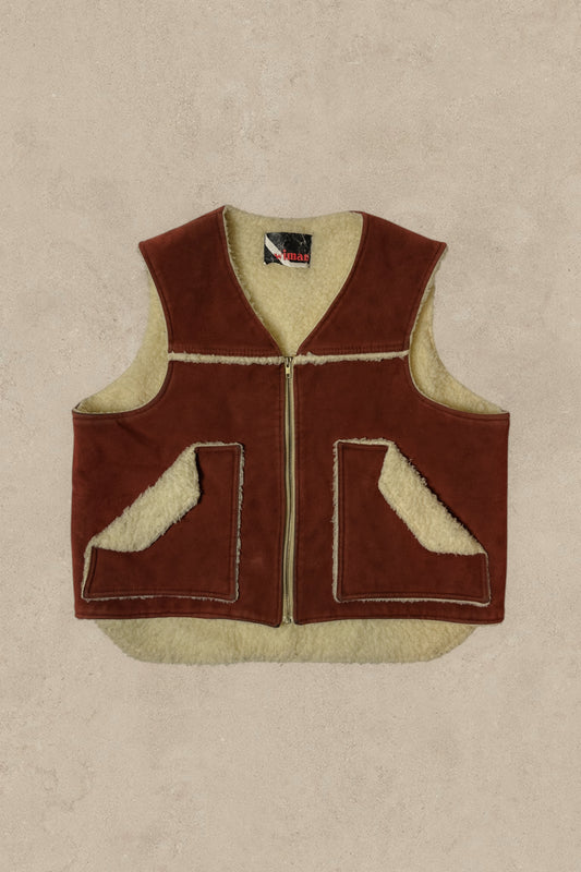 1990S - BURGUNDY SHEARLING SUEDE VEST - L