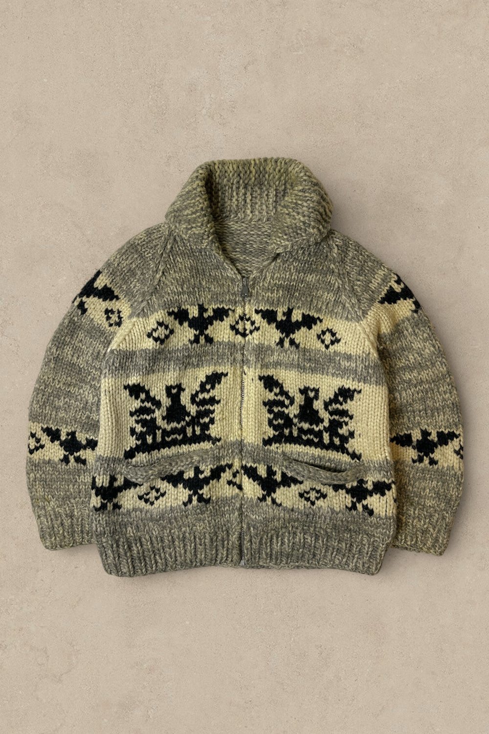 1980S - GREY/BEIGE WOOL COWICHAN SWEATER - XL