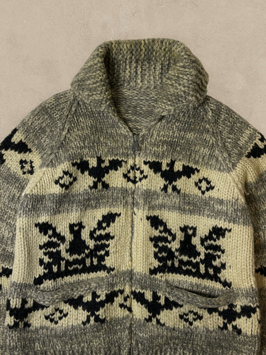 1980S - GREY/BEIGE WOOL COWICHAN SWEATER - XL