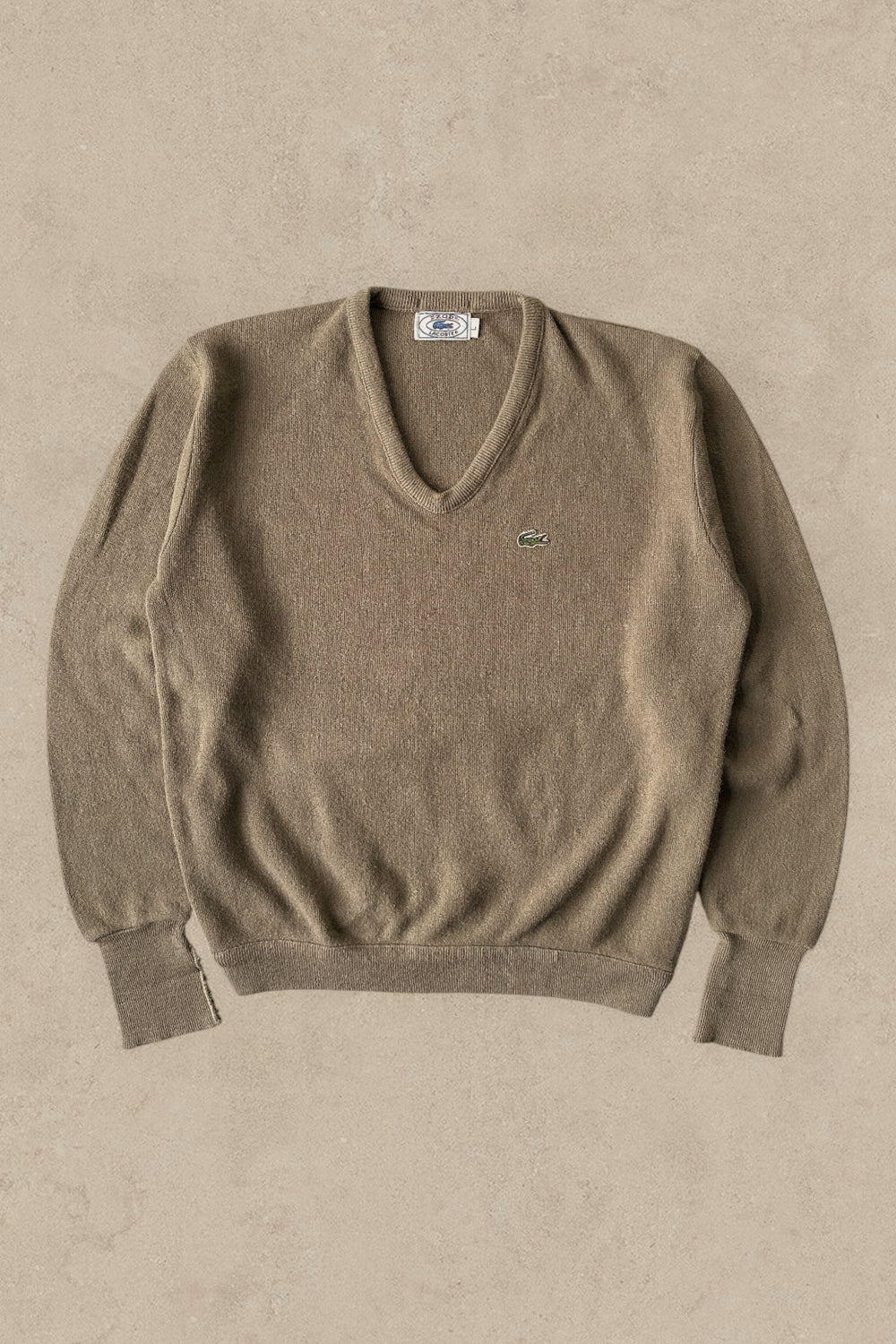 1990S - BROWN IZOD LACOSTE WOOL V SWEATER - L