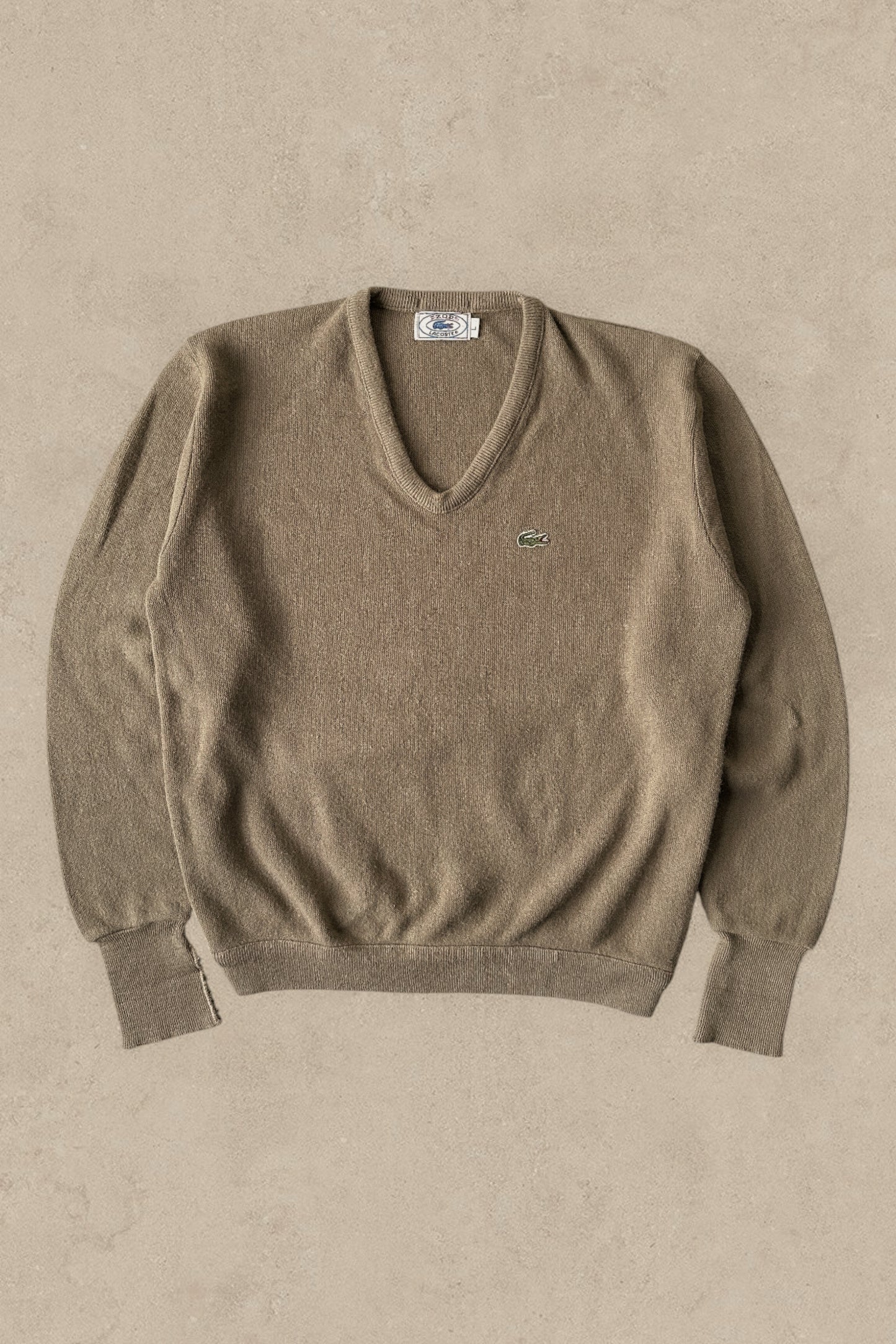 1990S - BROWN IZOD LACOSTE WOOL V SWEATER - L