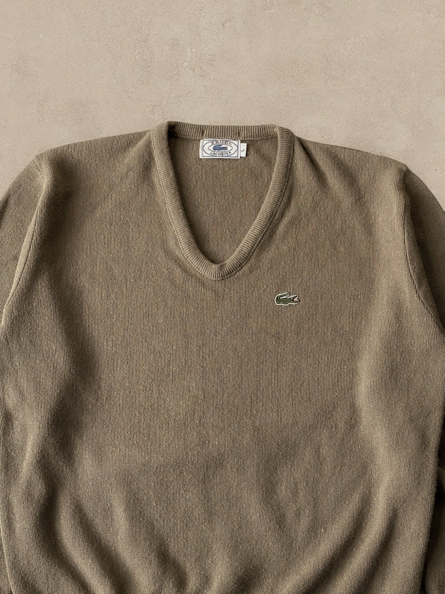 1990S - BROWN IZOD LACOSTE WOOL V SWEATER - L