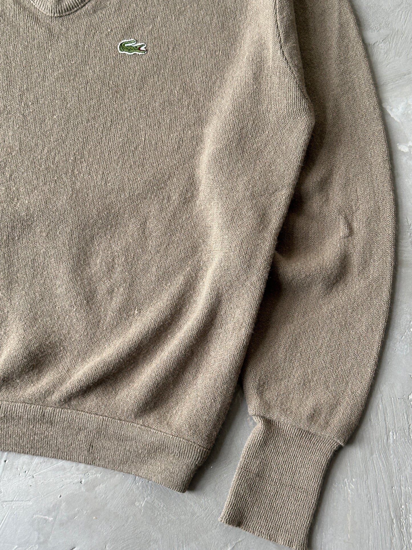1990S - BROWN IZOD LACOSTE WOOL V SWEATER - L