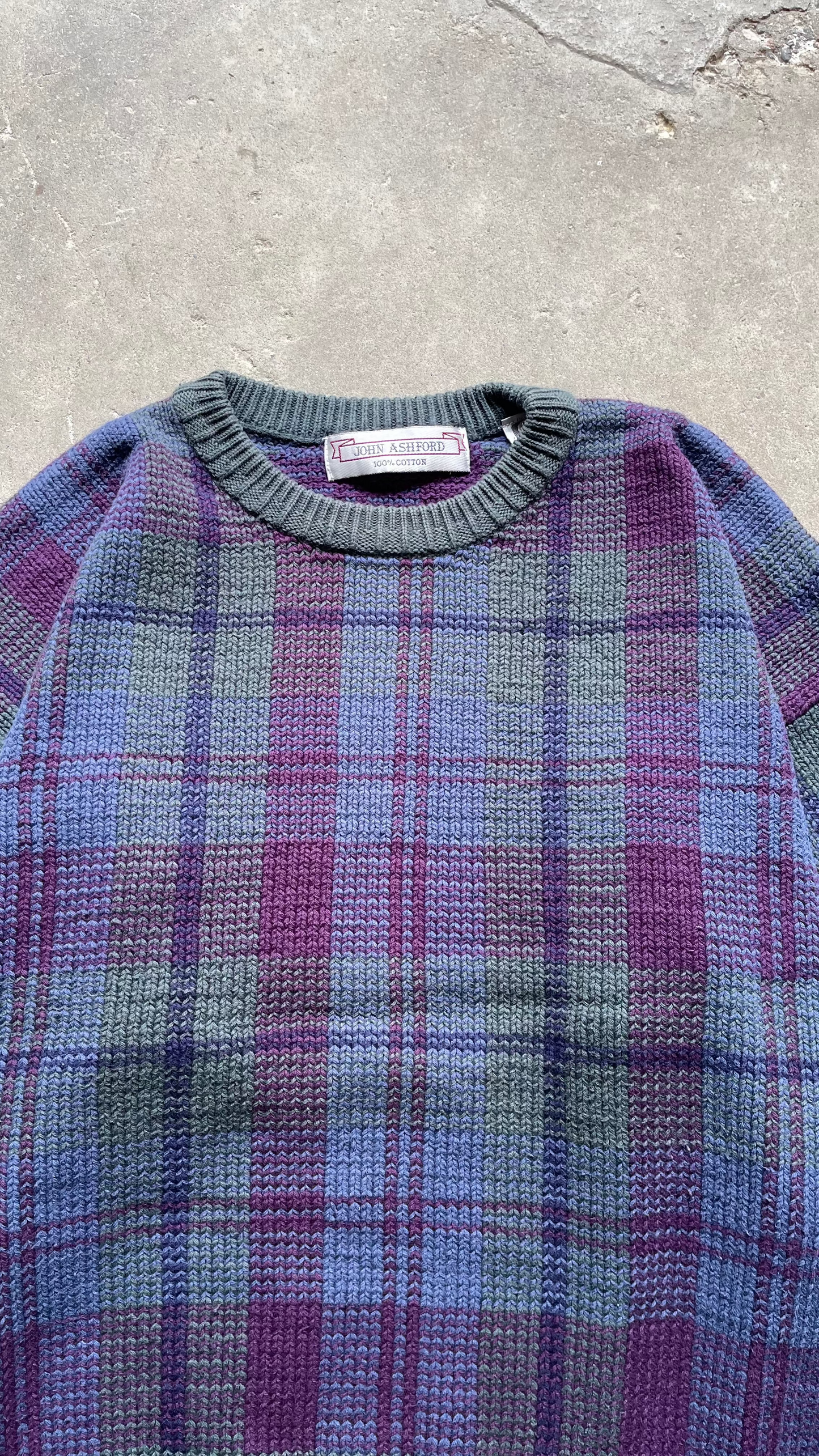 1990S JOHN ASHFORD PLAID KNIT SWEATER - L