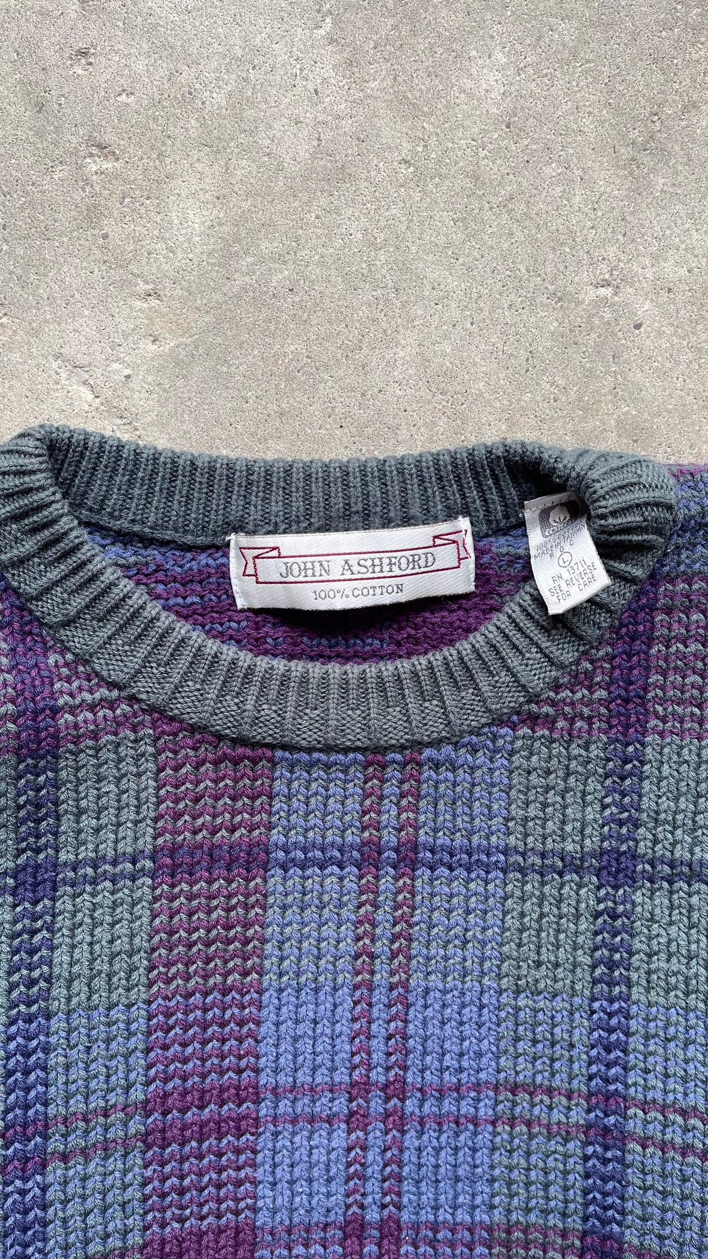 1990S JOHN ASHFORD PLAID KNIT SWEATER - L