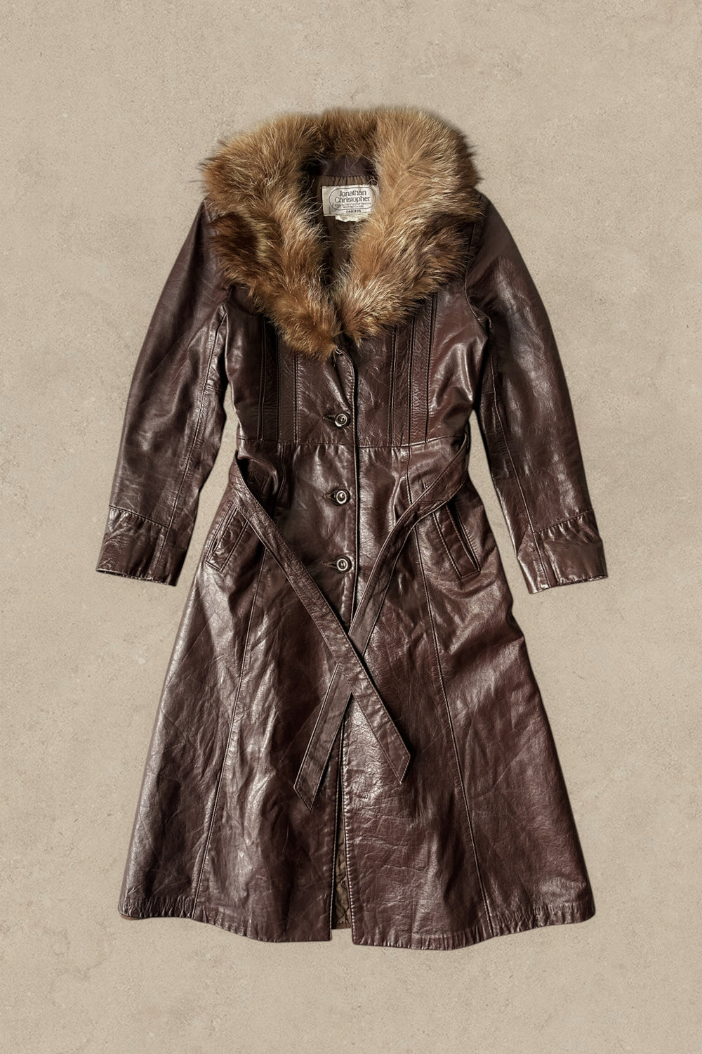 1970S - BURGUNDY LEATHER COAT REAL FUR COLLAR JACKET - S/M (W)