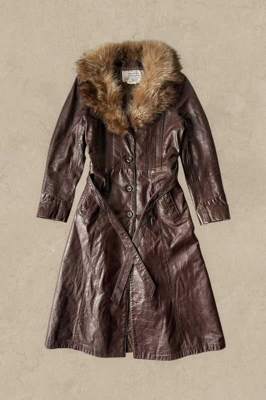 1970S - BURGUNDY LEATHER COAT REAL FUR COLLAR JACKET - S/M (W)