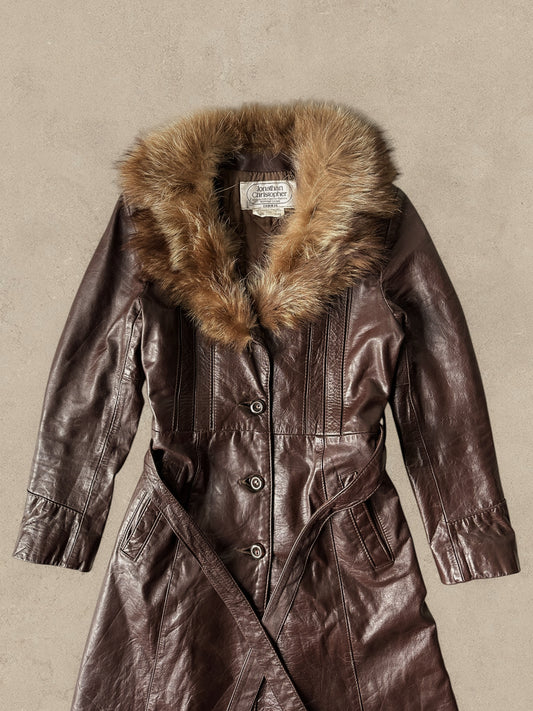 1970S - BURGUNDY LEATHER COAT REAL FUR COLLAR JACKET - S/M (W)