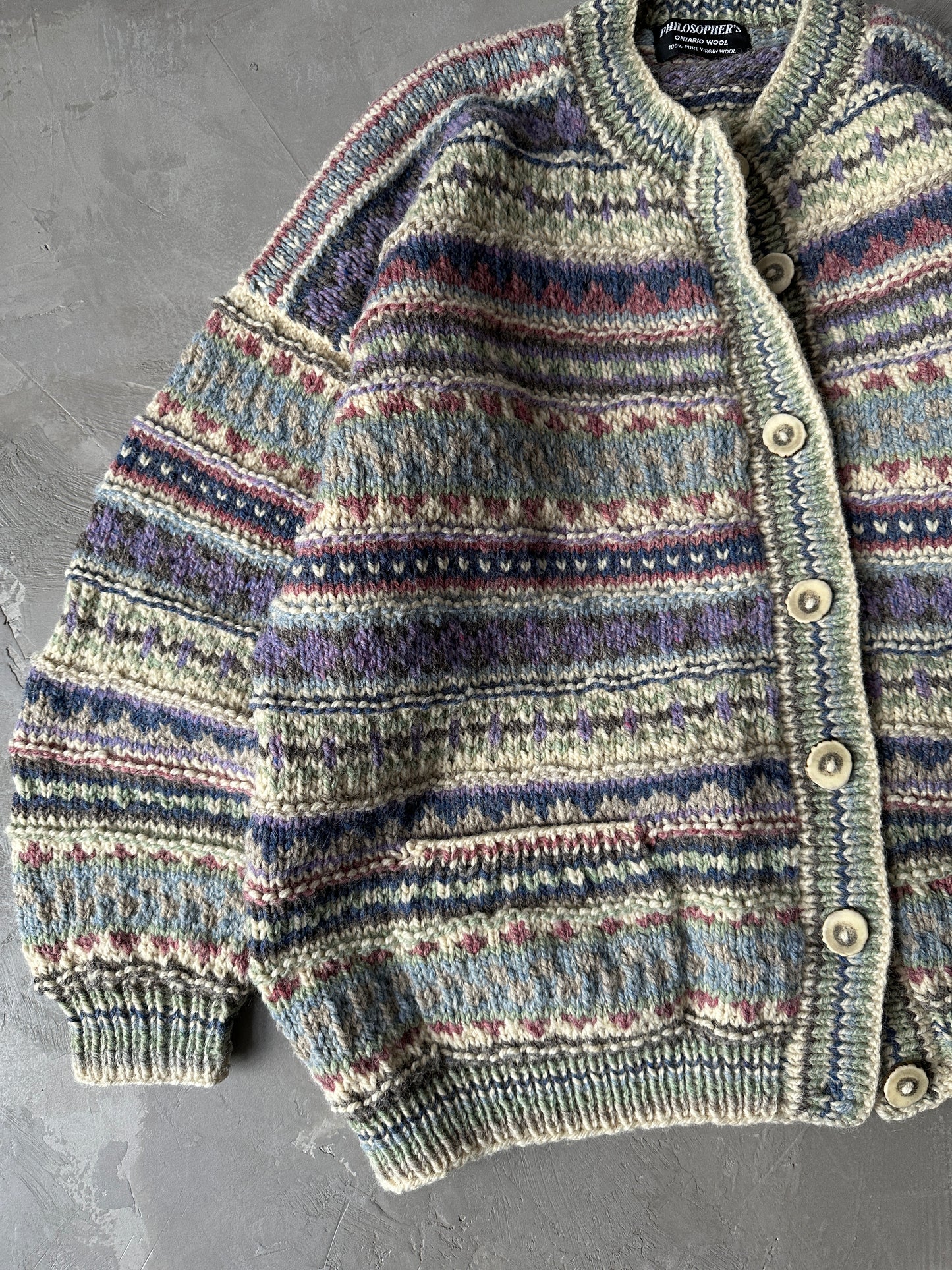 1990S - PURPLE/MULTI PATTERNED CARDIGAN SWEATER - M/L