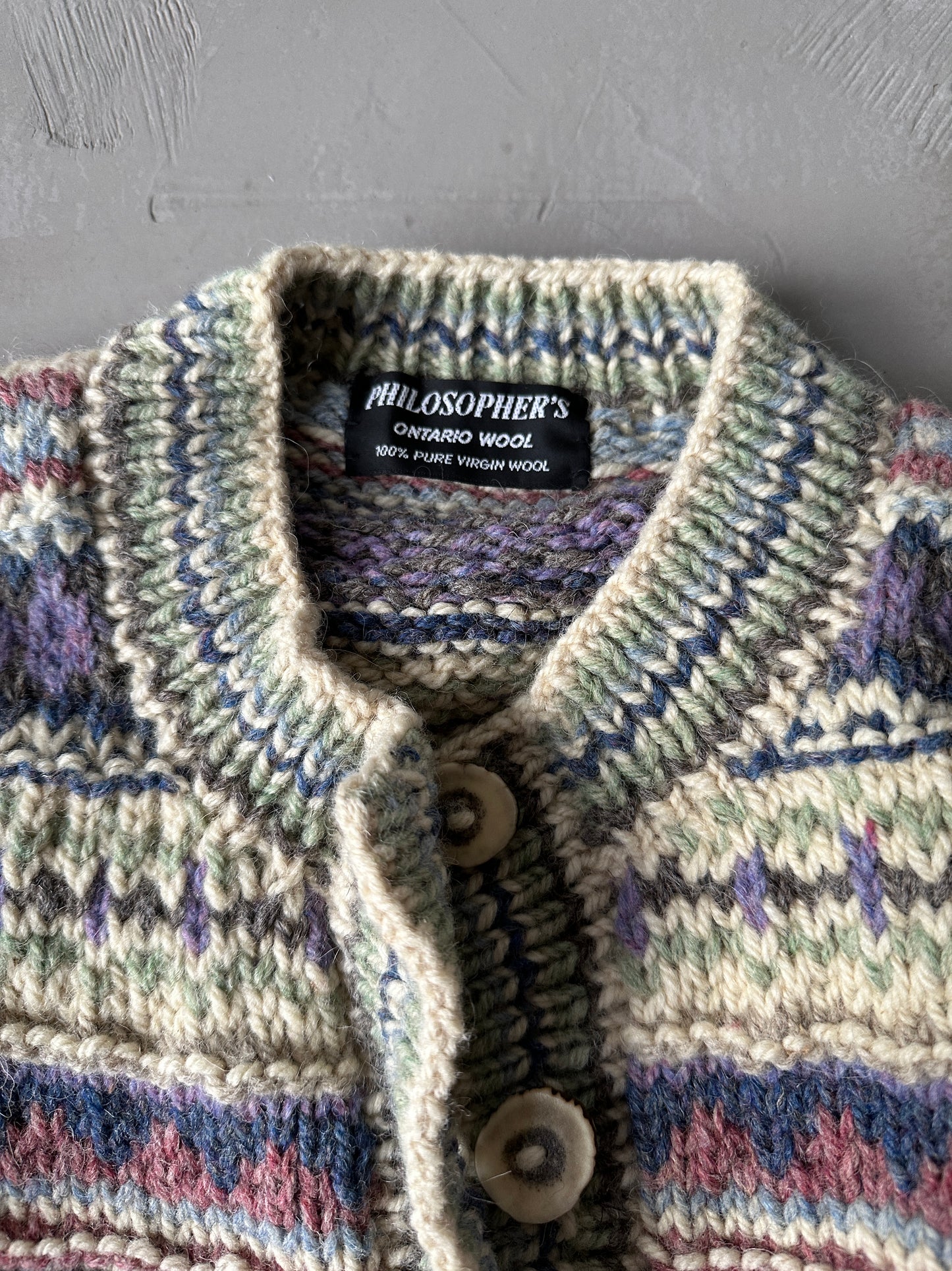 1990S - PURPLE/MULTI PATTERNED CARDIGAN SWEATER - M/L