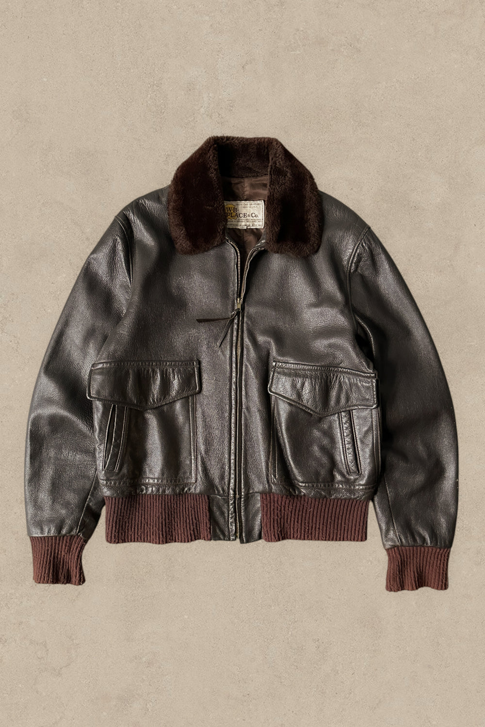 1970S - BROWN W.B PLACE & CO. LEATHER FLIGHT JACKET SHERLING COLLAR - L/XL (44)