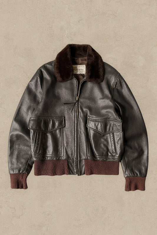 1970S - BROWN W.B PLACE & CO. LEATHER FLIGHT JACKET SHERLING COLLAR - L/XL (44)
