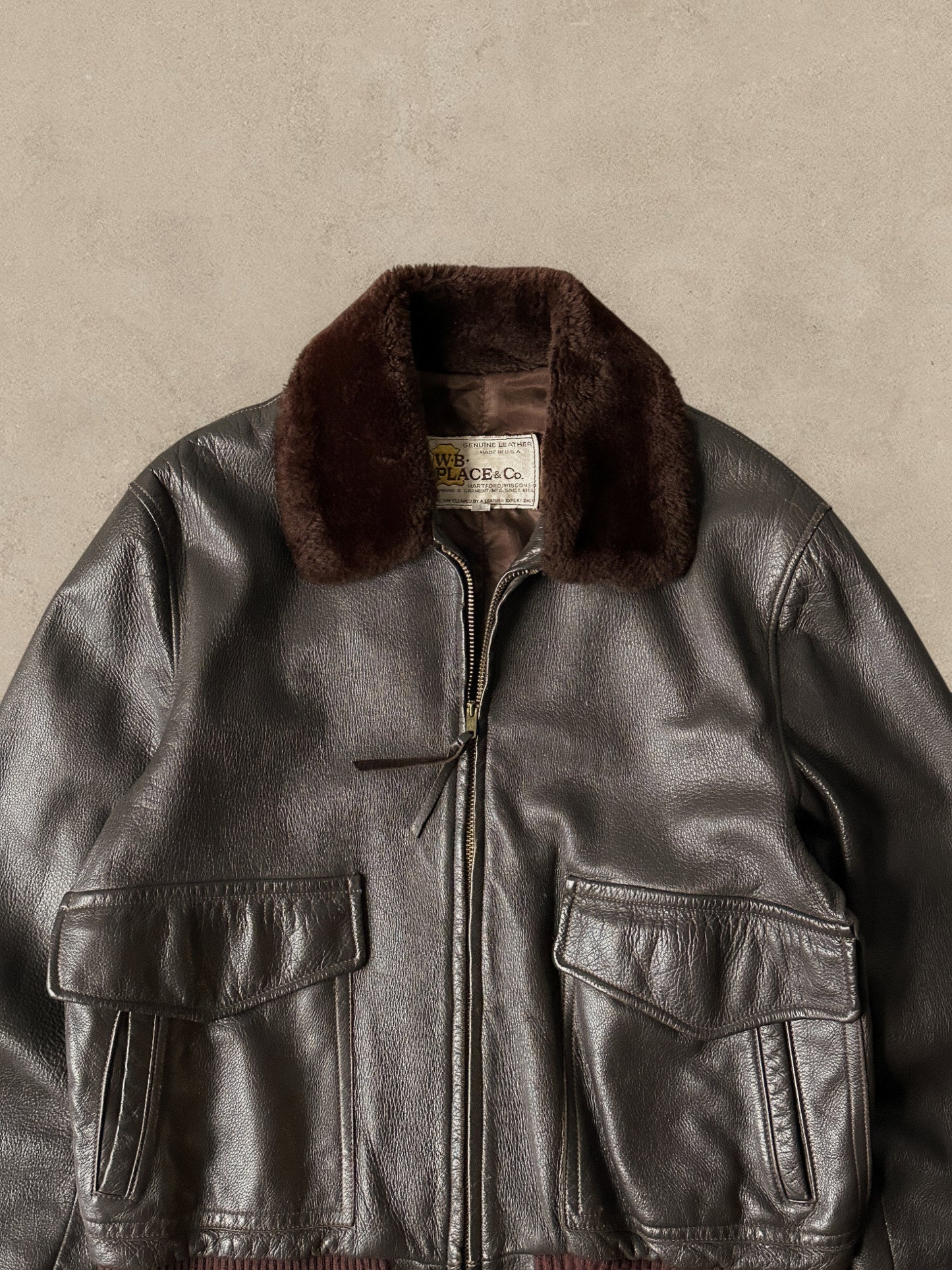 1970S - BROWN W.B PLACE & CO. LEATHER FLIGHT JACKET SHERLING COLLAR - L/XL (44)