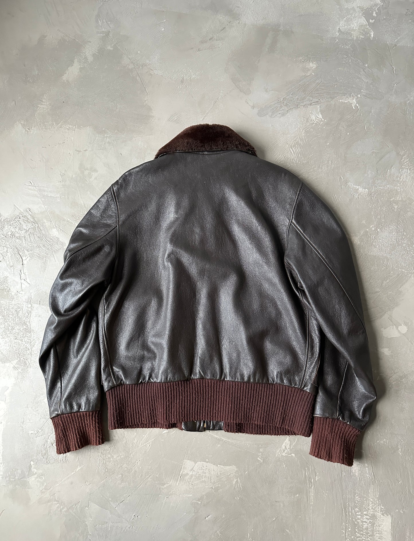 1970S - BROWN W.B PLACE & CO. LEATHER FLIGHT JACKET SHERLING COLLAR - L/XL (44)