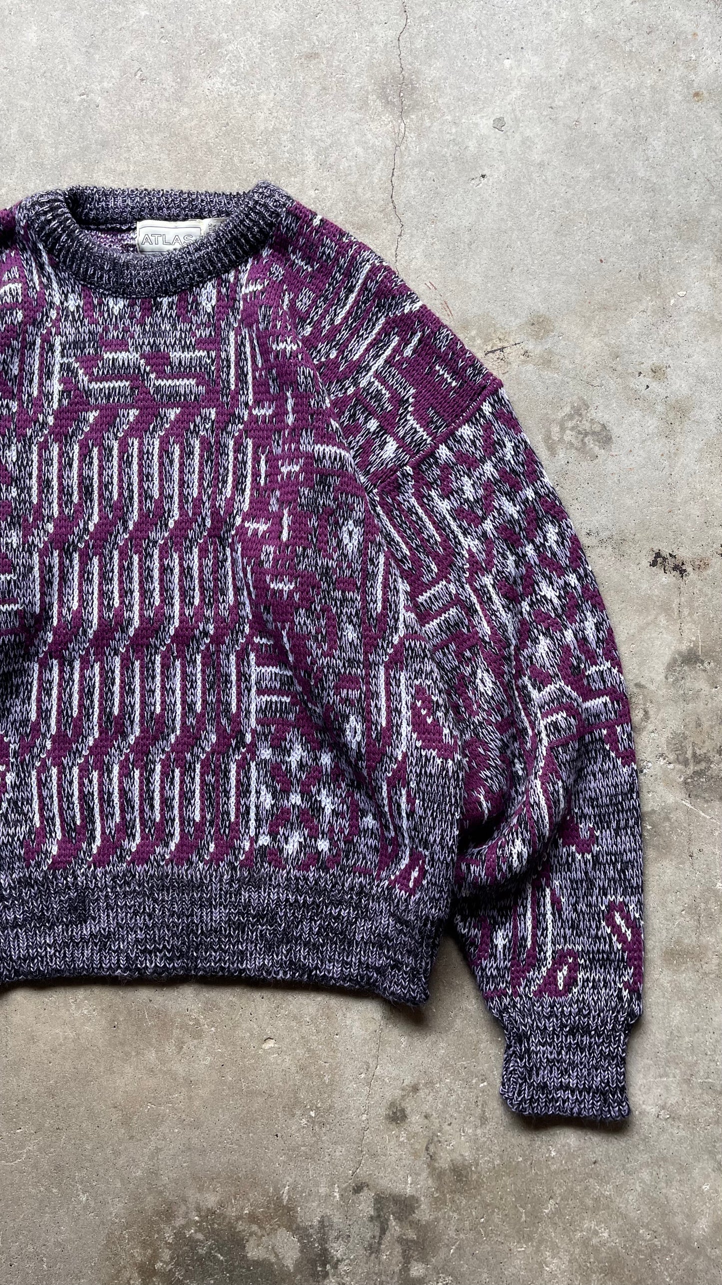 1990S ATLAS PATTERNED KNIT SWEATER PURPLE - L