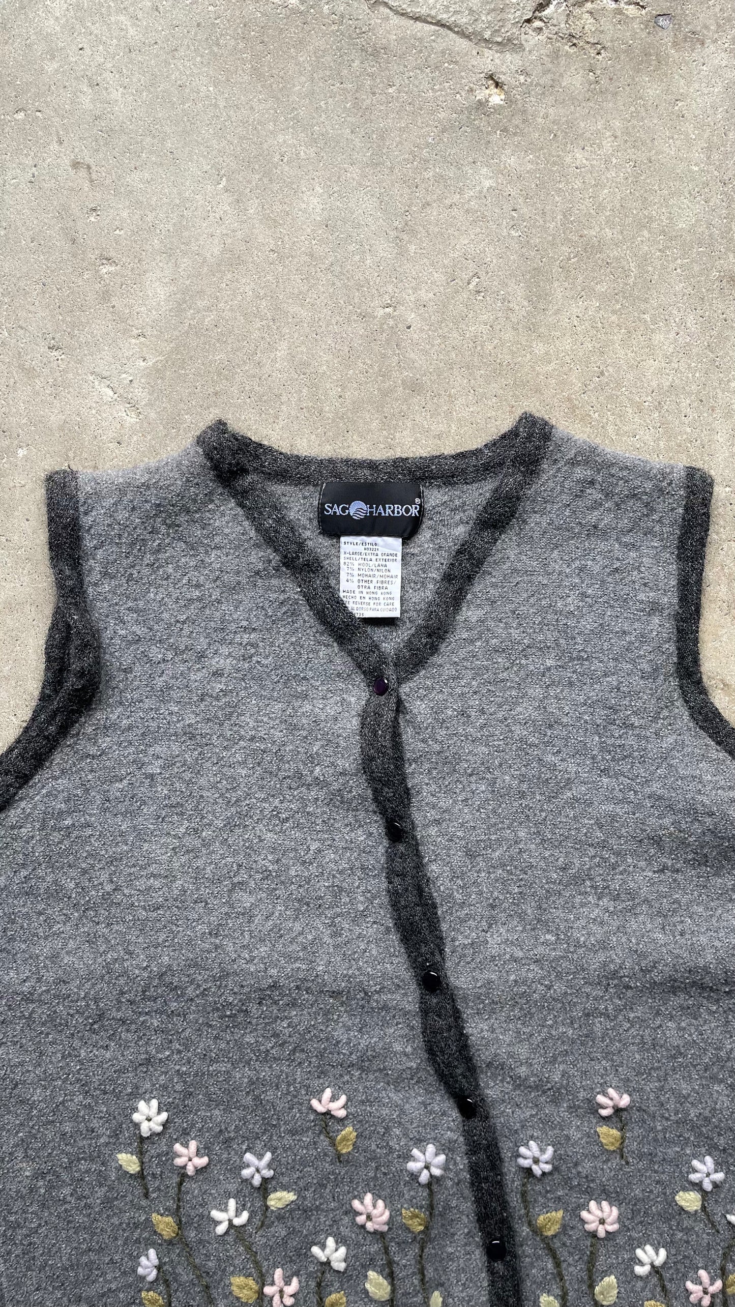 1990S WOOL FLOWER KNIT VEST GREY - XL